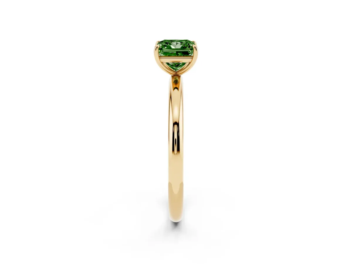 Fancy Green Princess Cut Solitaire Diamond Ring with Four-Prong Setting on a Plain Band Yellow gold