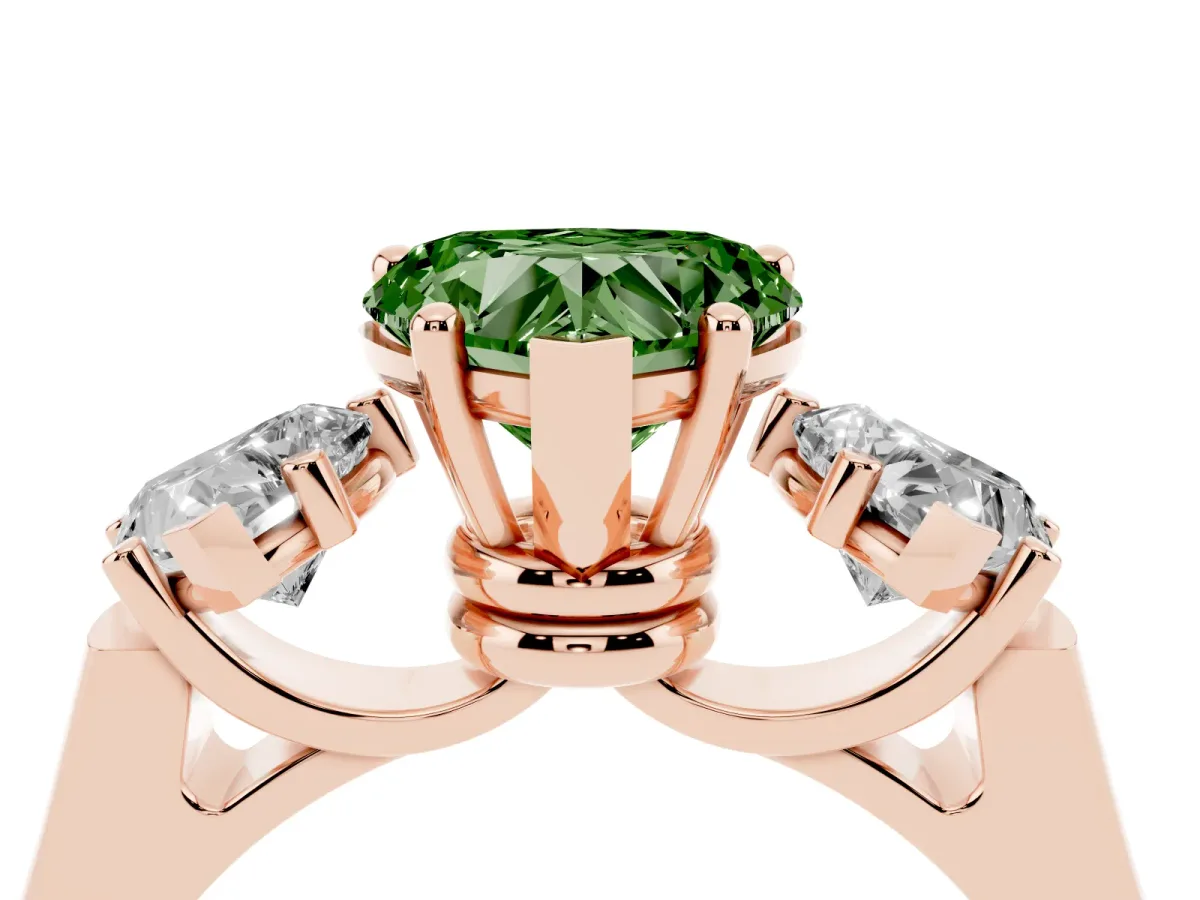 Fancy Green Three-Stone Heart Cut Brilliant Diamond Trellis Ring with Comfort Fit Band Rose gold