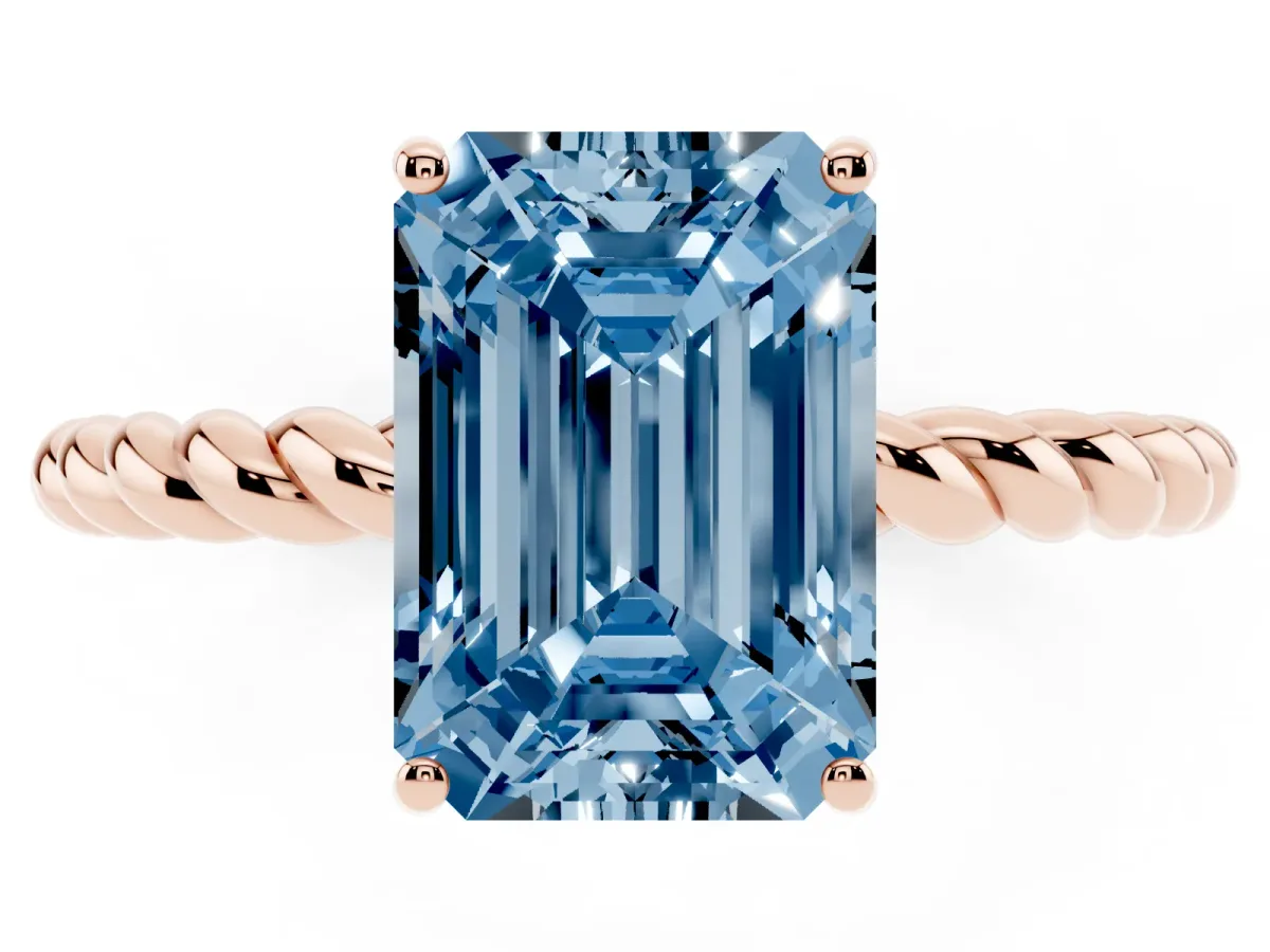 Fancy Blue Emerald Cut Solitaire Twist Band Ring with Four-Prong Setting Rose gold