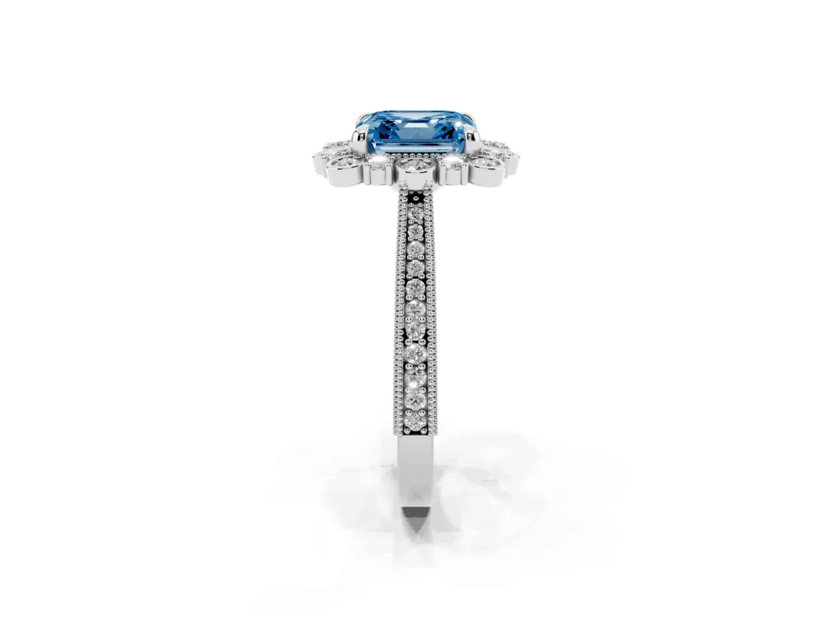Fancy Blue Asscher Cut Halo Milgrain Pave Diamond Ring with Four-Prong Setting Silver