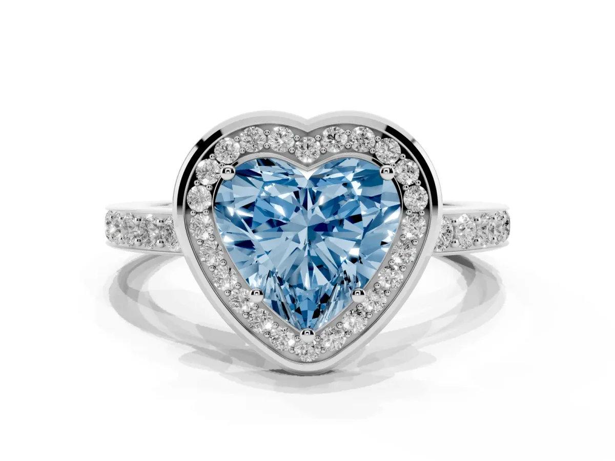 Fancy Blue Heart Cut Diamond Halo Ring with Bezel Frame and Pavé Band Silver
