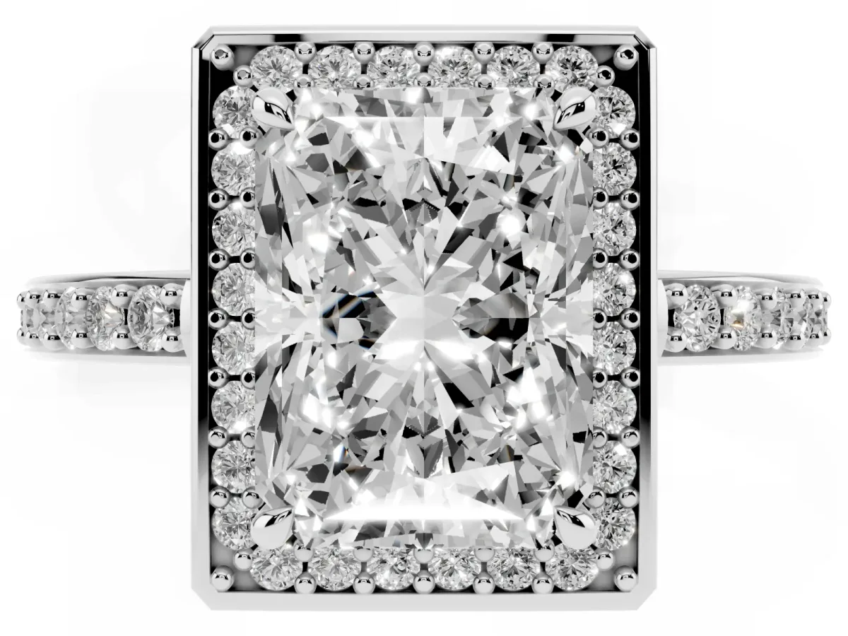 Radiant Cut Halo Pave Band Solitaire Ring with Prong Setting Silver