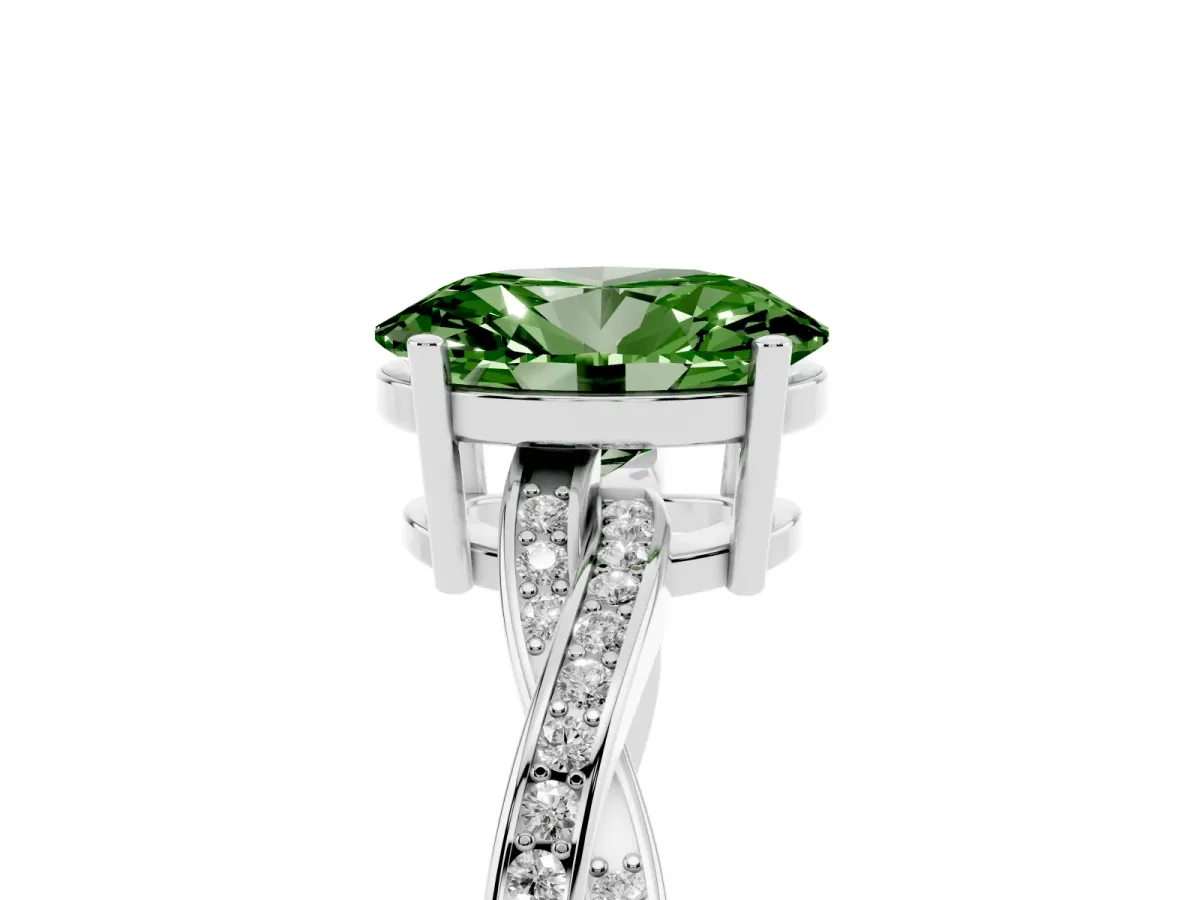 Fancy Green Oval Cut Solitaire Twisted Pave Diamond Ring with Four-Prong Setting Silver