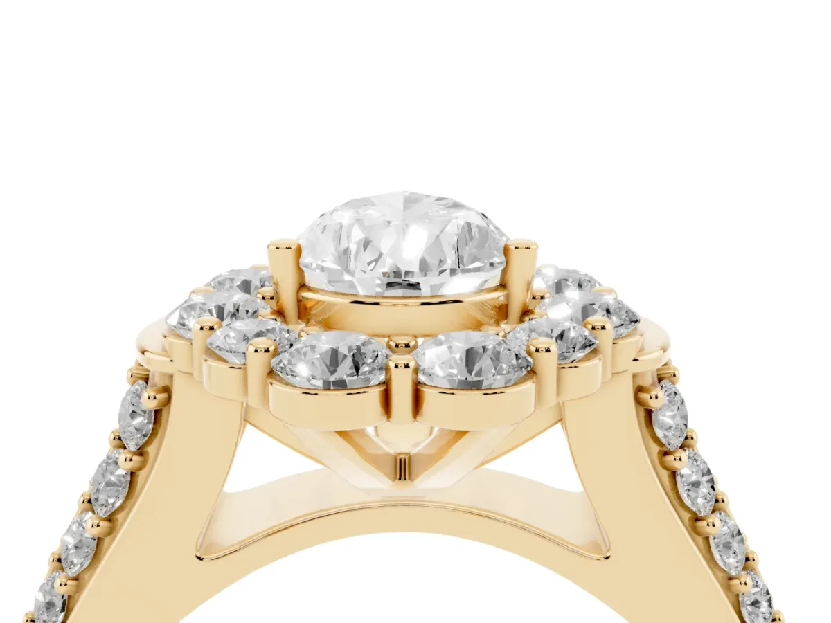 Pear Cut Halo Diamond Engagement Ring with Split Shank and Prong Setting Yellow gold