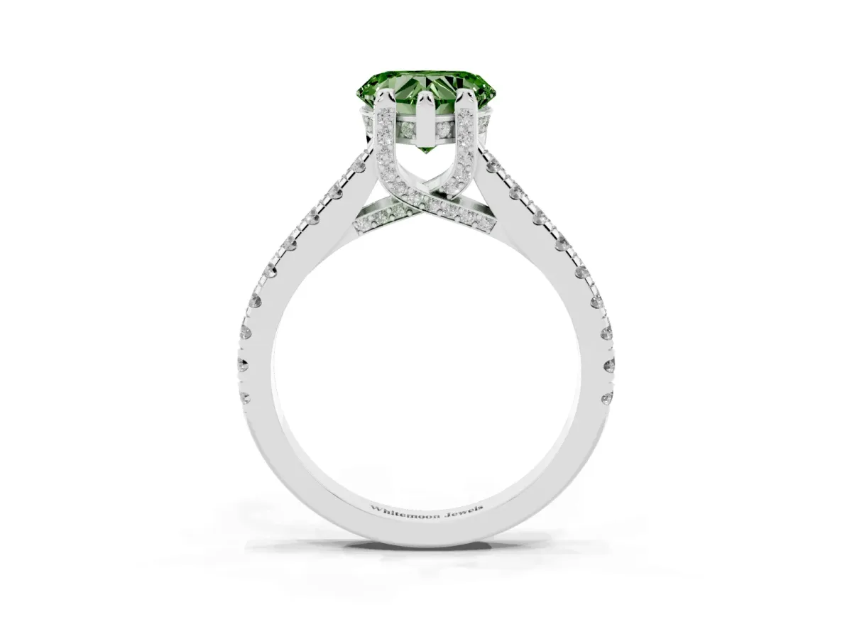Fancy Green Heart Cut Brilliant Diamond Solitaire with Pavé Band and Four-Prong Setting White gold