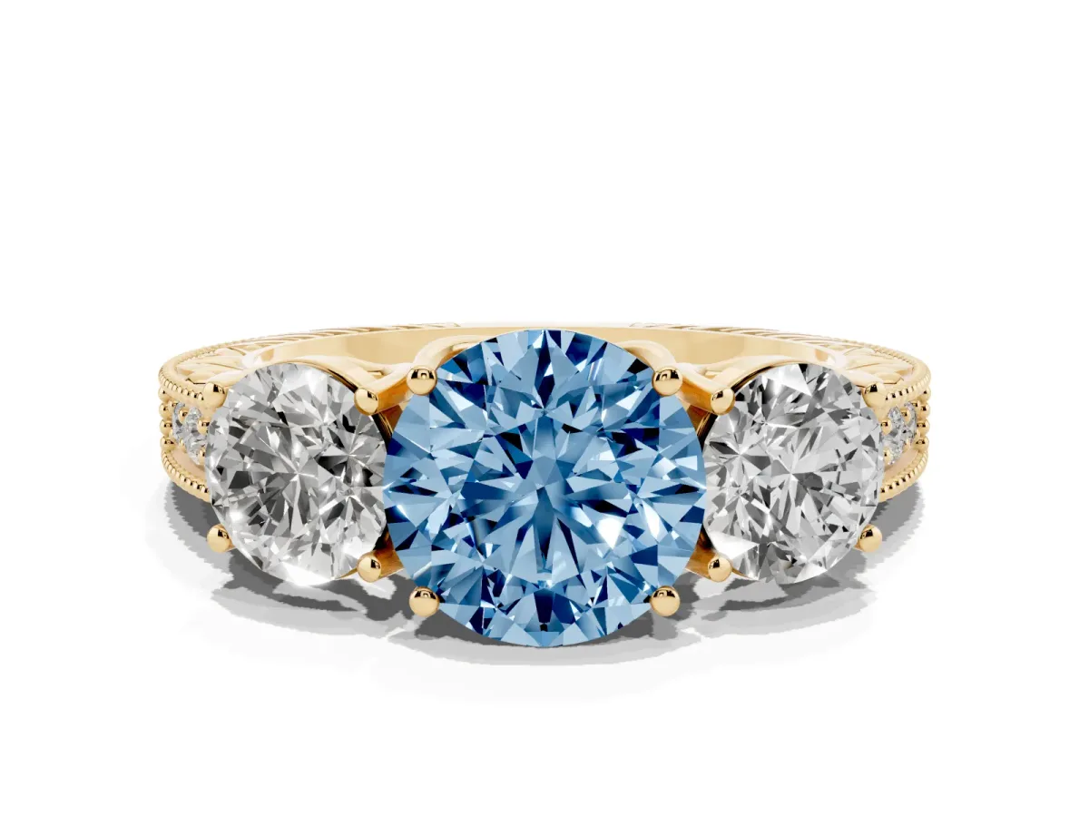 Fancy Blue Three-Stone Round Cut Cut Milgrain Pavé Engagement Ring Yellow gold