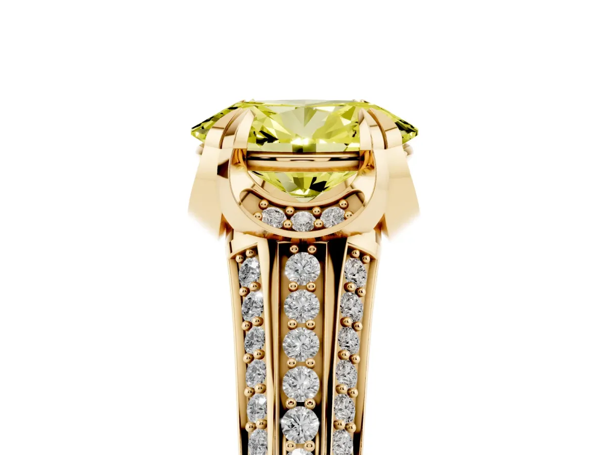 Fancy Yellow Oval Cut Solitaire Pave Split Shank Ring with Four-Prong Setting Yellow gold