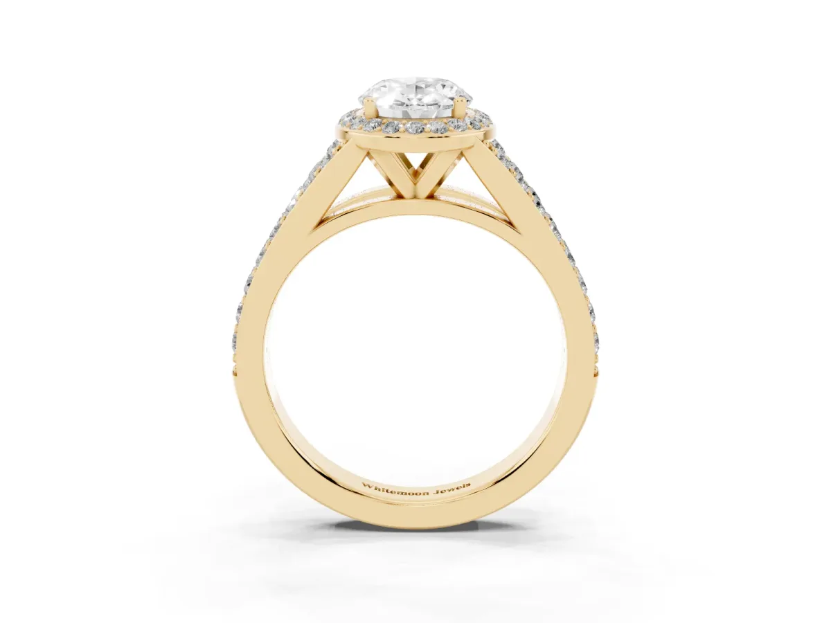 Oval Cut Diamond Split Shank Halo Ring with Four-Prong Setting Yellow gold