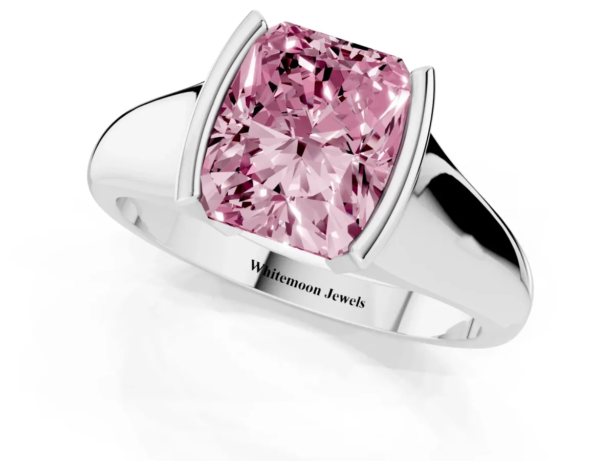 Fancy Pink Radiant Cut Solitaire Tension Set Diamond Ring with Split Shank Band Platinum
