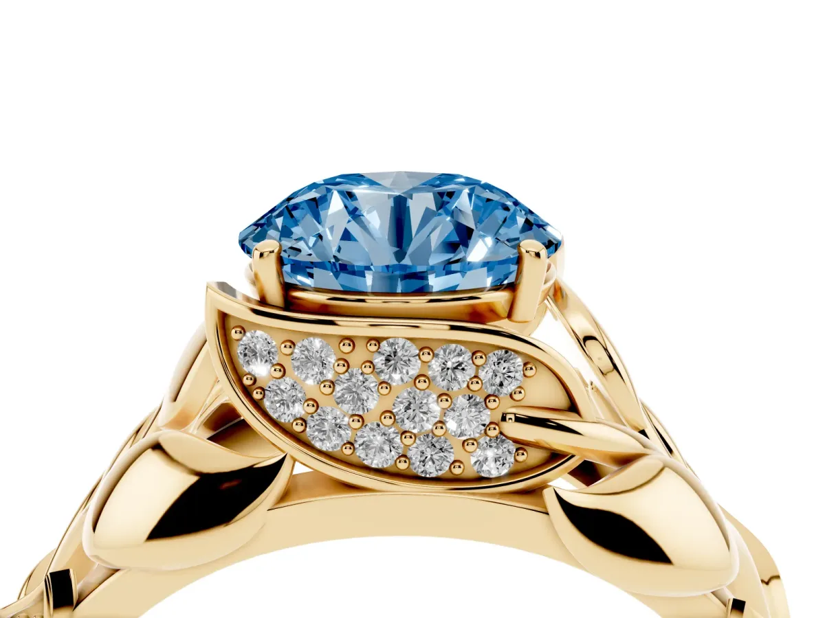 Fancy Blue Round Cut Diamond Leaf-Inspired Engagement Ring with Round Accents and Prong Setting Yellow gold