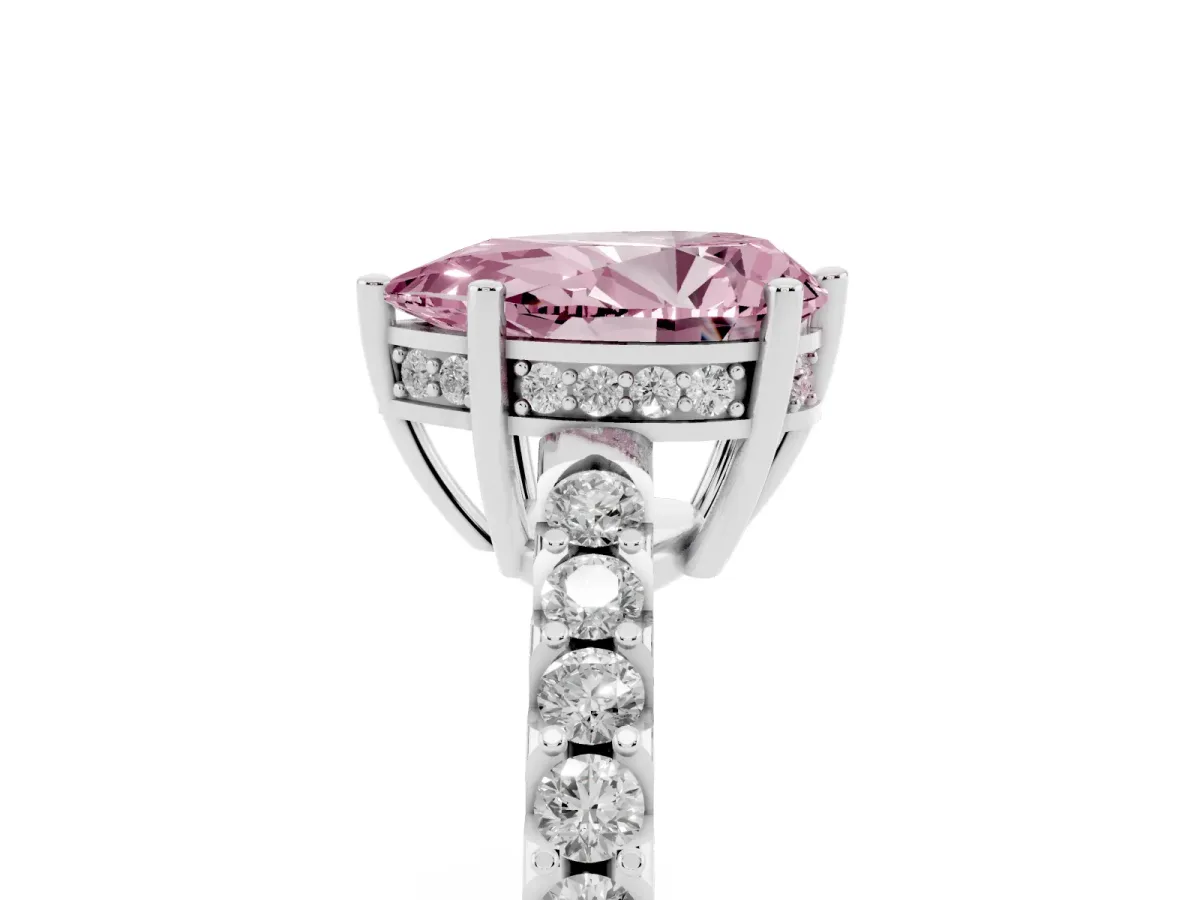 Fancy Pink Pear Cut Solitaire Diamond Engagement Ring with Pavé Band and Six-Prong Setting White gold