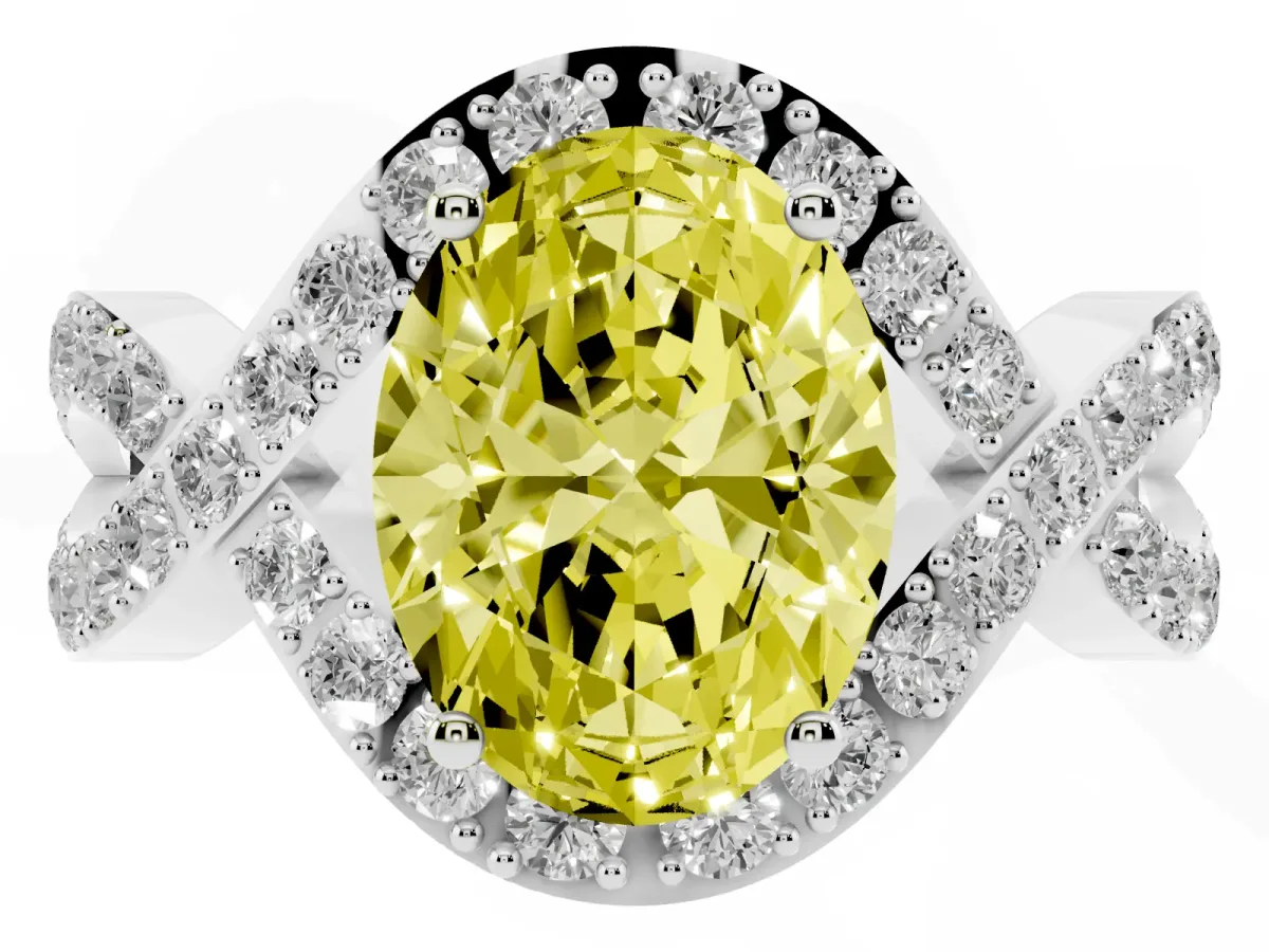 Fancy Yellow Oval Cut Solitaire Twist Band Pavé Diamond Engagement Ring Silver