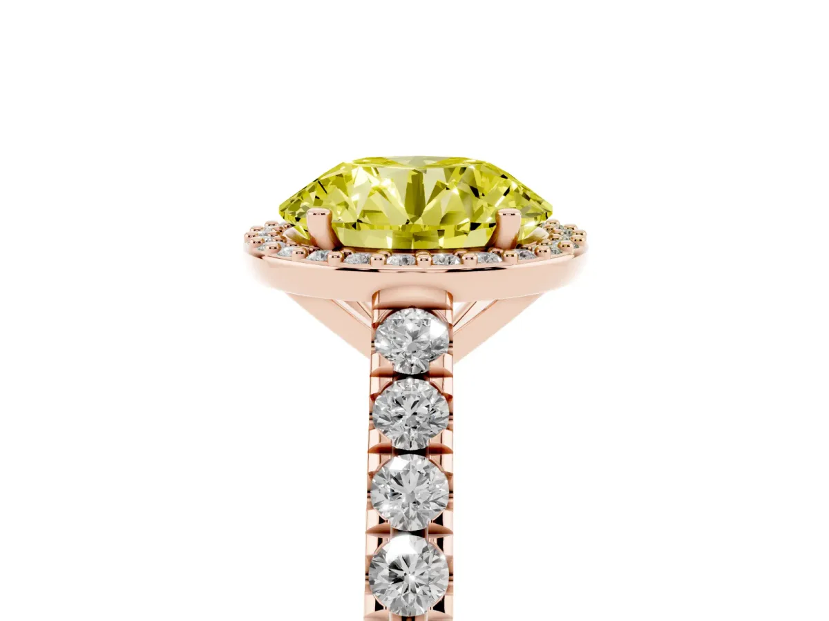Fancy Yellow Round Cut Cut Halo Diamond Engagement Ring with Pave Band and Four-Prong Setting Rose gold