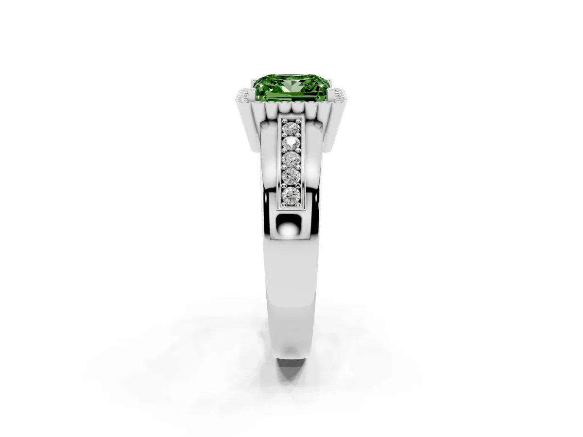 Fancy Green Princess Cut Cut Halo Pave Band Four-Prong Ring Silver