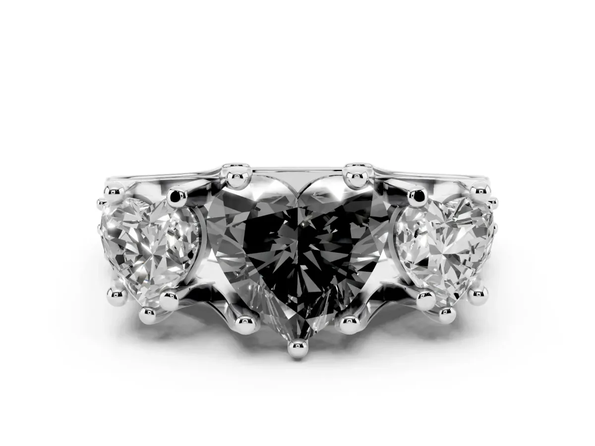 Fancy Black Heart Cut Diamond Three-Stone Ring with Channel Set Band and Four-Prong Setting Silver