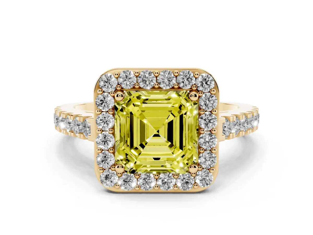 Fancy Yellow Asscher Cut Diamond Halo Ring with Round Pavé Split Shank and Prong Setting Yellow gold