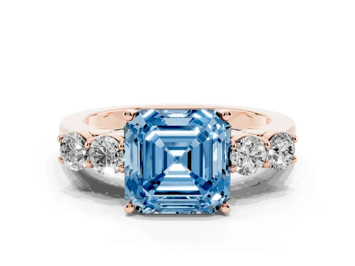 Fancy Blue Asscher Cut Cut Diamond Five-Stone Prong Set White Gold Ring Rose gold