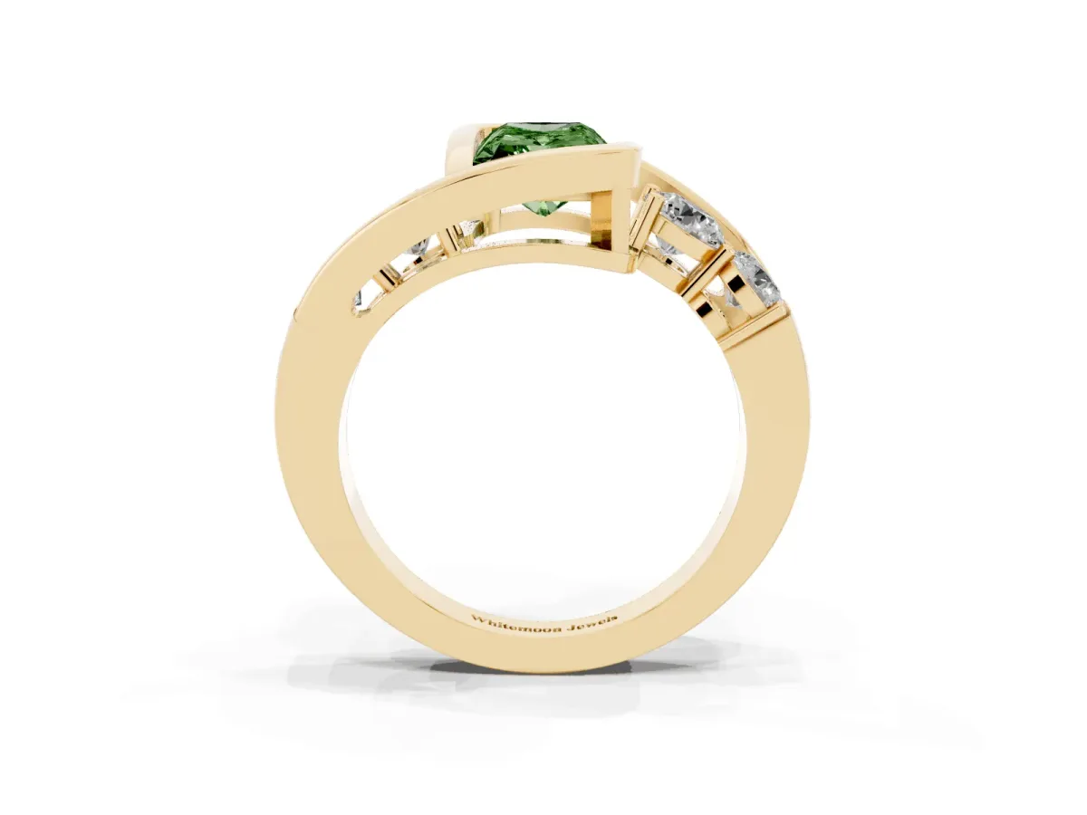 Fancy Green Bezel Set Radiant Cut Diamond Bypass Ring with Round Accents Yellow gold