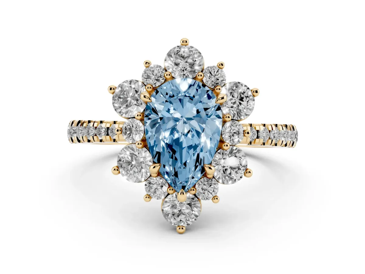 Fancy Blue Pear Cut Diamond Floral Halo Ring with Round Pavé Band and Prong Setting Yellow gold