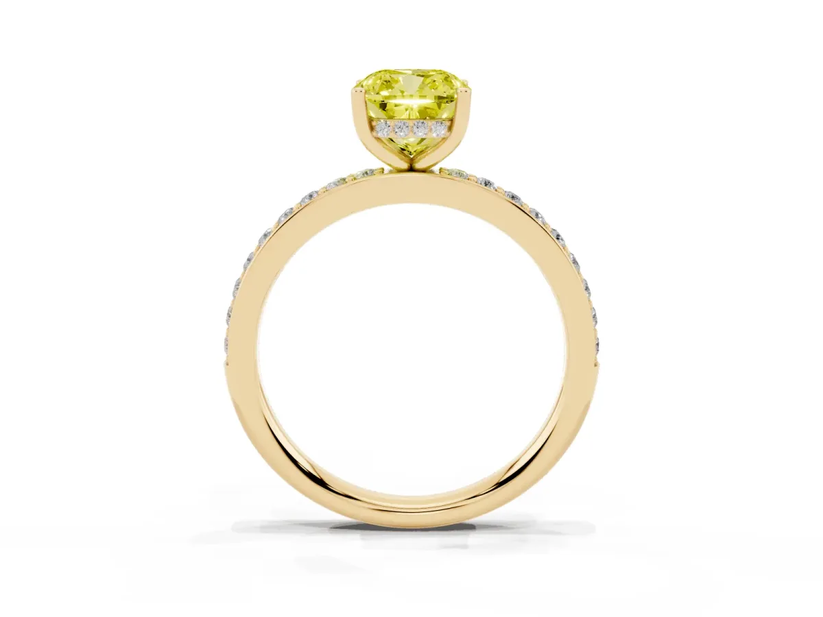 Fancy Yellow Cushion Cut Cut Diamond Pavé Band Ring with Four-Prong Setting Yellow gold