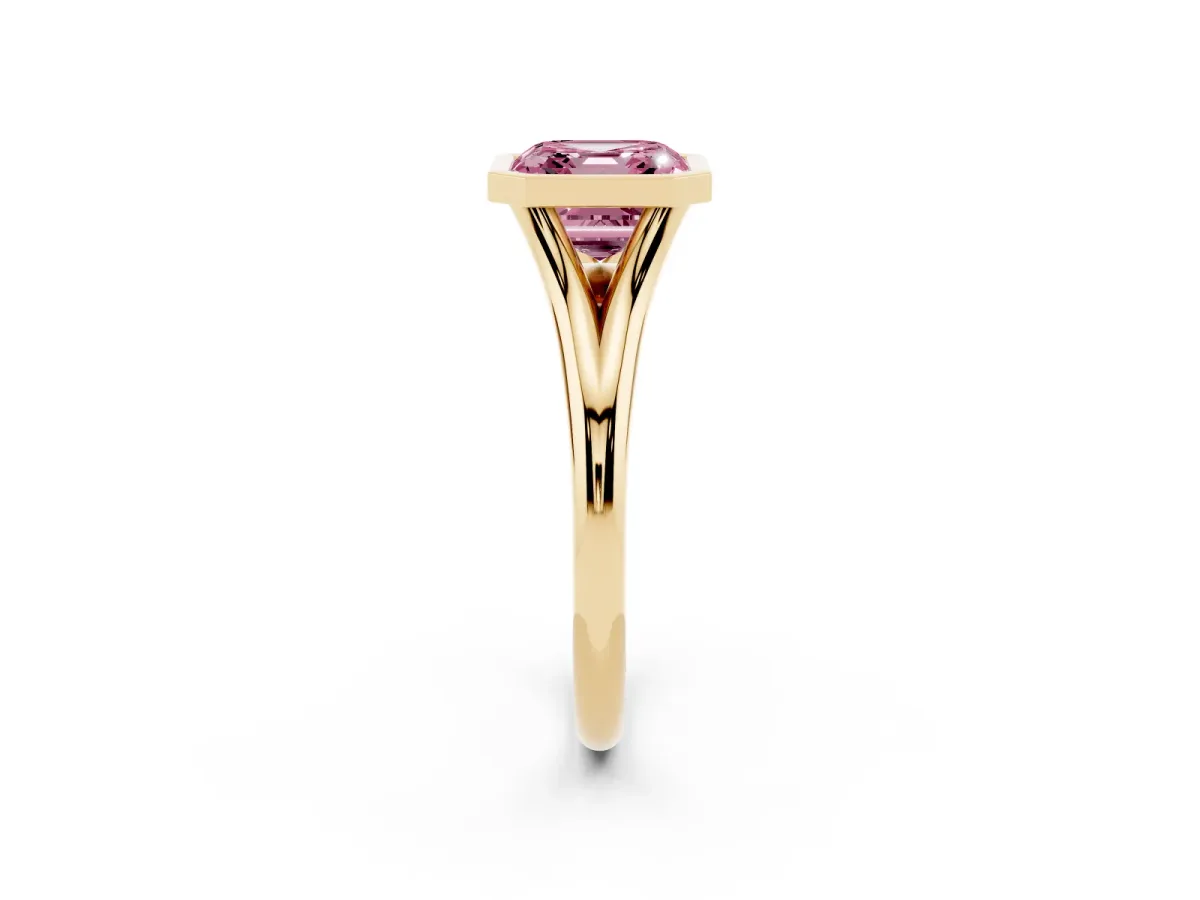 Fancy Pink Bezel Set Asscher Cut Cut Solitaire Ring with Tapered Band Yellow gold