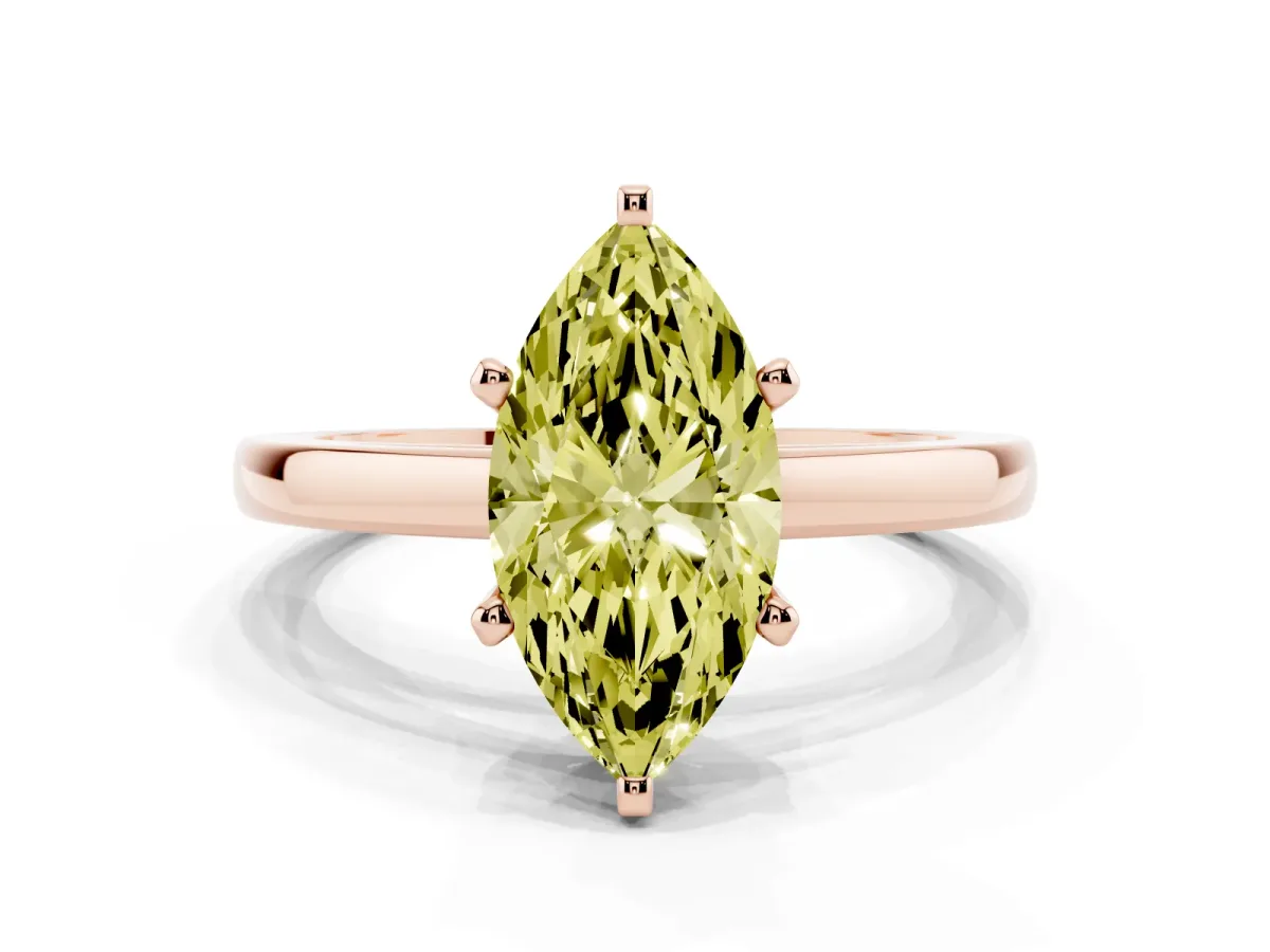 Fancy Yellow Marquise Cut Solitaire Diamond Engagement Ring with Four-Prong Setting on a Classic Band Rose gold
