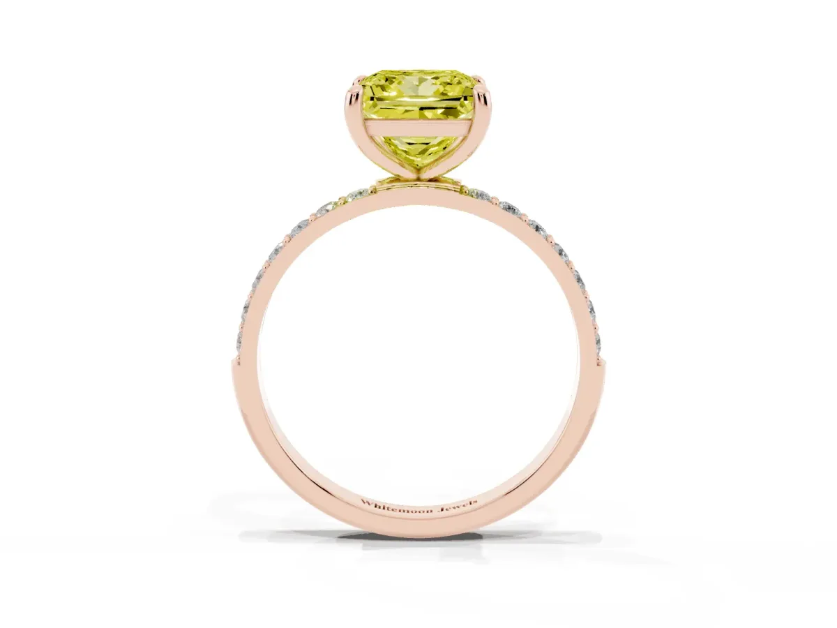 Fancy Yellow Princess Cut Diamond Solitaire Ring with Round Pavé Band and Prong Setting Rose gold