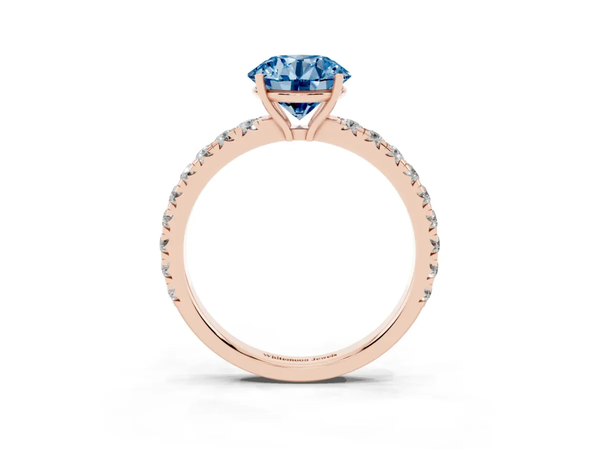 Fancy Blue Round Cut Diamond Pavé Solitaire Engagement Ring with Four-Prong Setting Rose gold