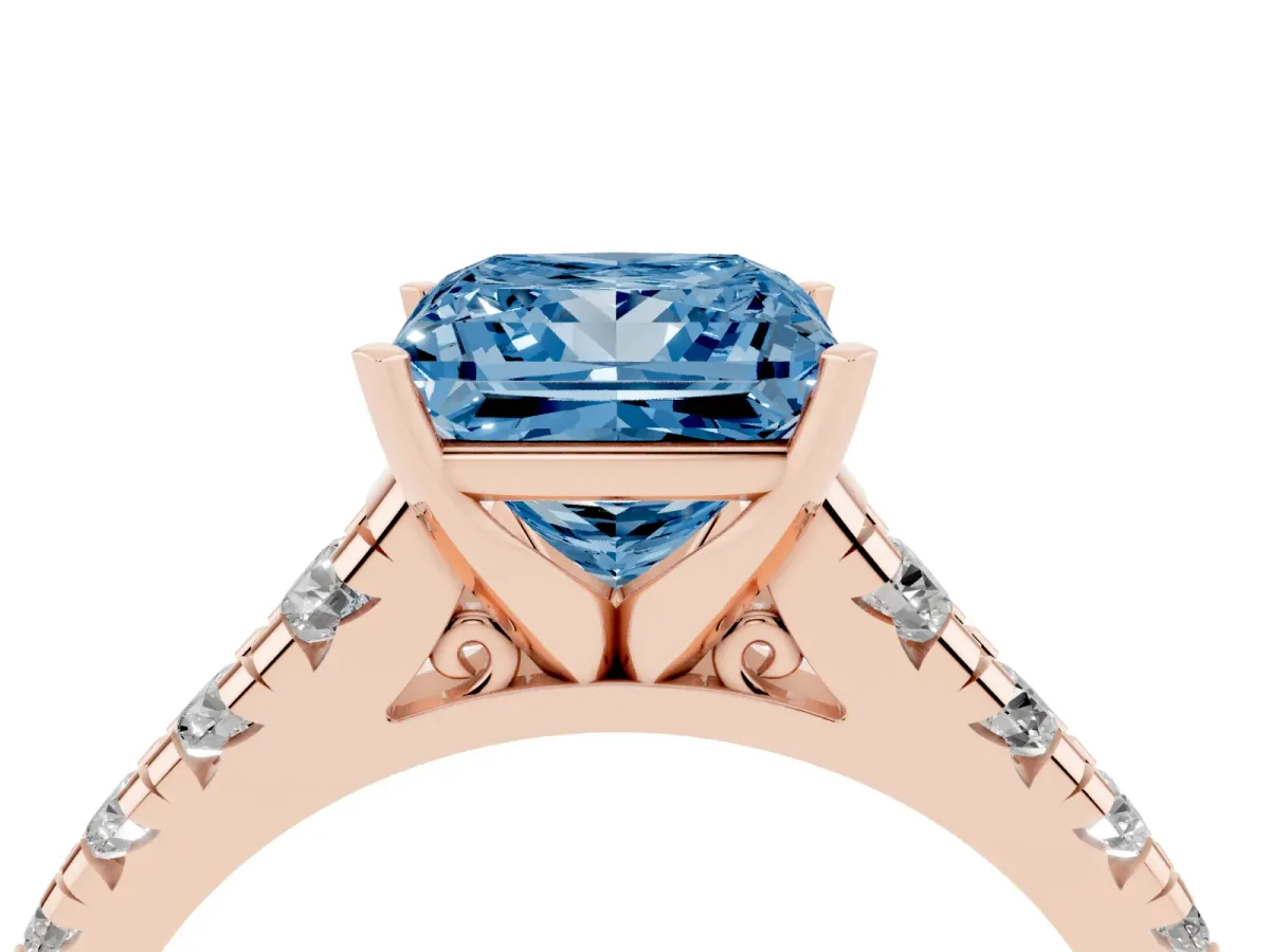 Fancy Blue Princess Cut Diamond Cathedral Solitaire Ring with Round Pavé Band Rose gold