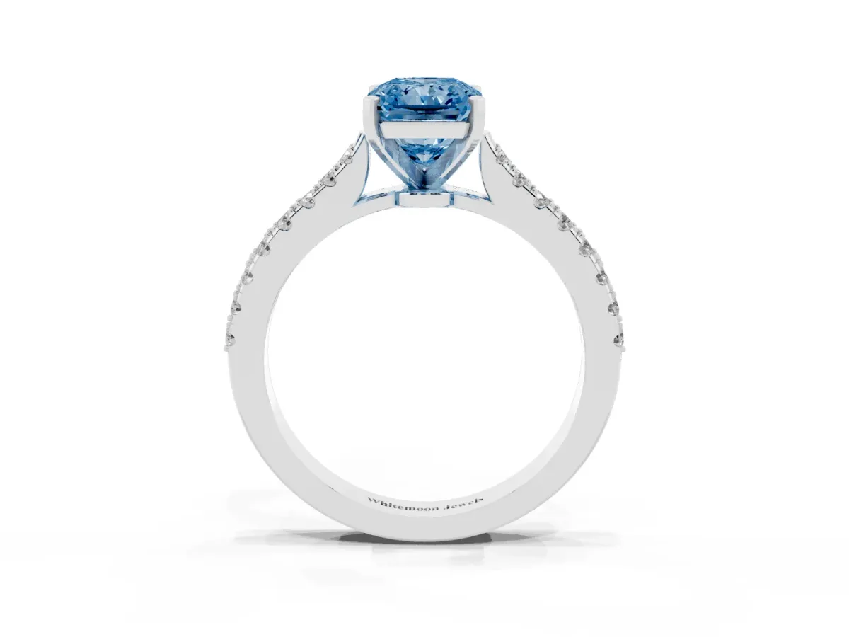 Fancy Blue Radiant Cut Cut Solitaire Diamond Engagement Ring with Pave Band and Four-Prong Setting White gold