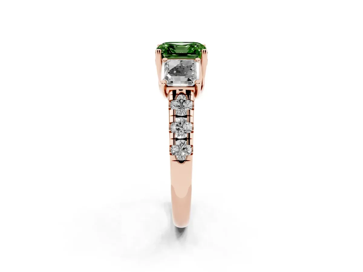 Fancy Green Three-Stone Asscher Cut Diamond Pavé Band with Prong Setting Rose gold