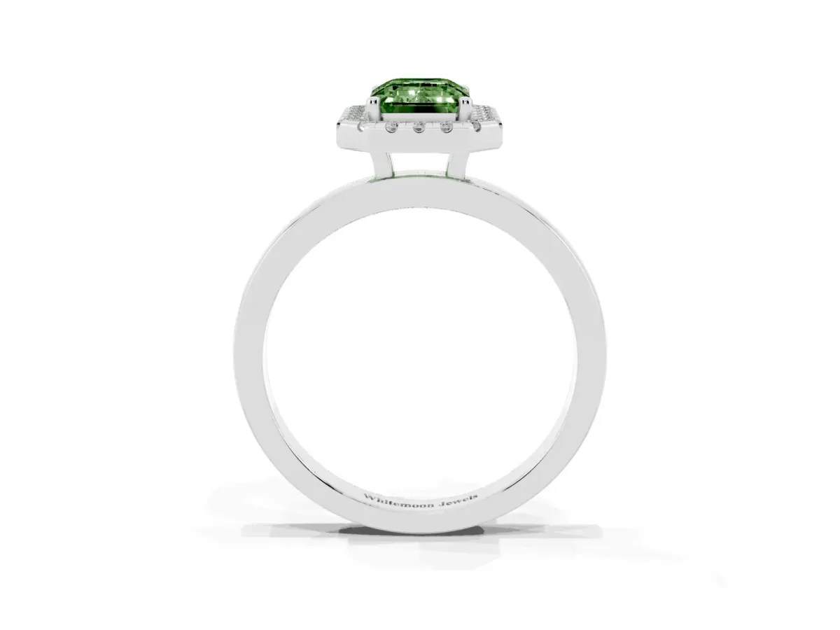 Fancy Green Emerald Cut Halo Diamond Solitaire with Pavé Band and Four-Prong Setting Platinum