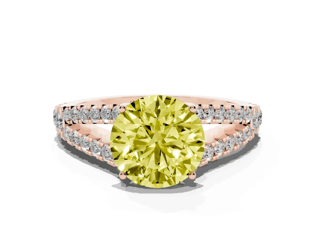 Fancy Yellow Round Cut Diamond Split Shank Engagement Ring with Round Pavé and Prong Setting Rose gold