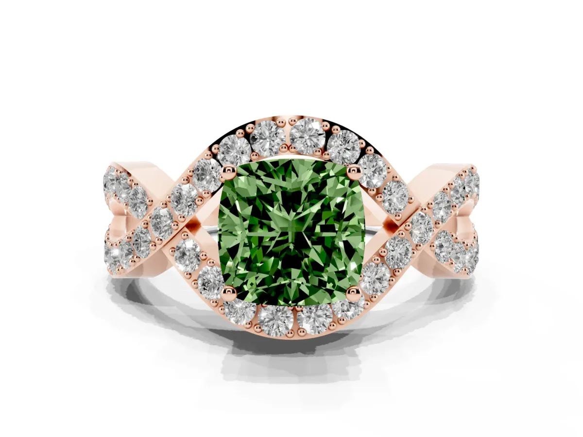 Fancy Green Cushion Cut Solitaire Twist Band Pavé Diamond Engagement Ring Rose gold