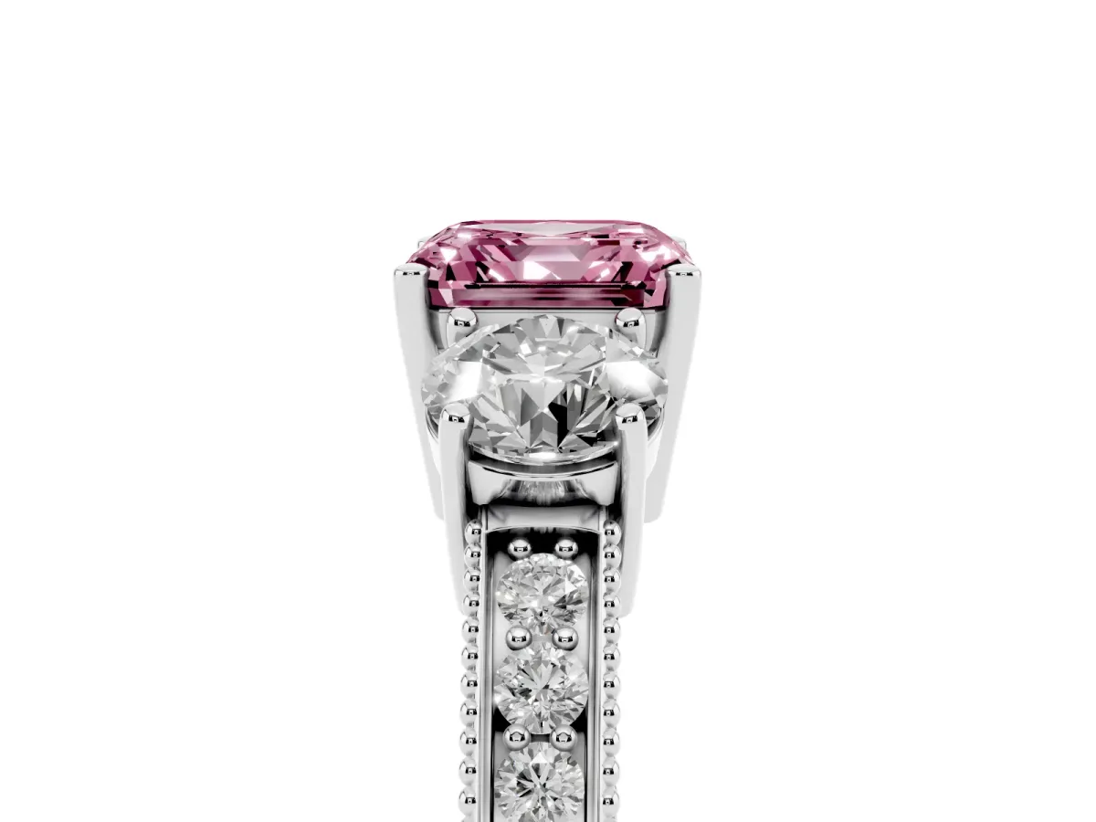 Fancy Pink Asscher Cut Three-Stone Diamond Ring with Pavé Band and Four-Prong Setting Silver