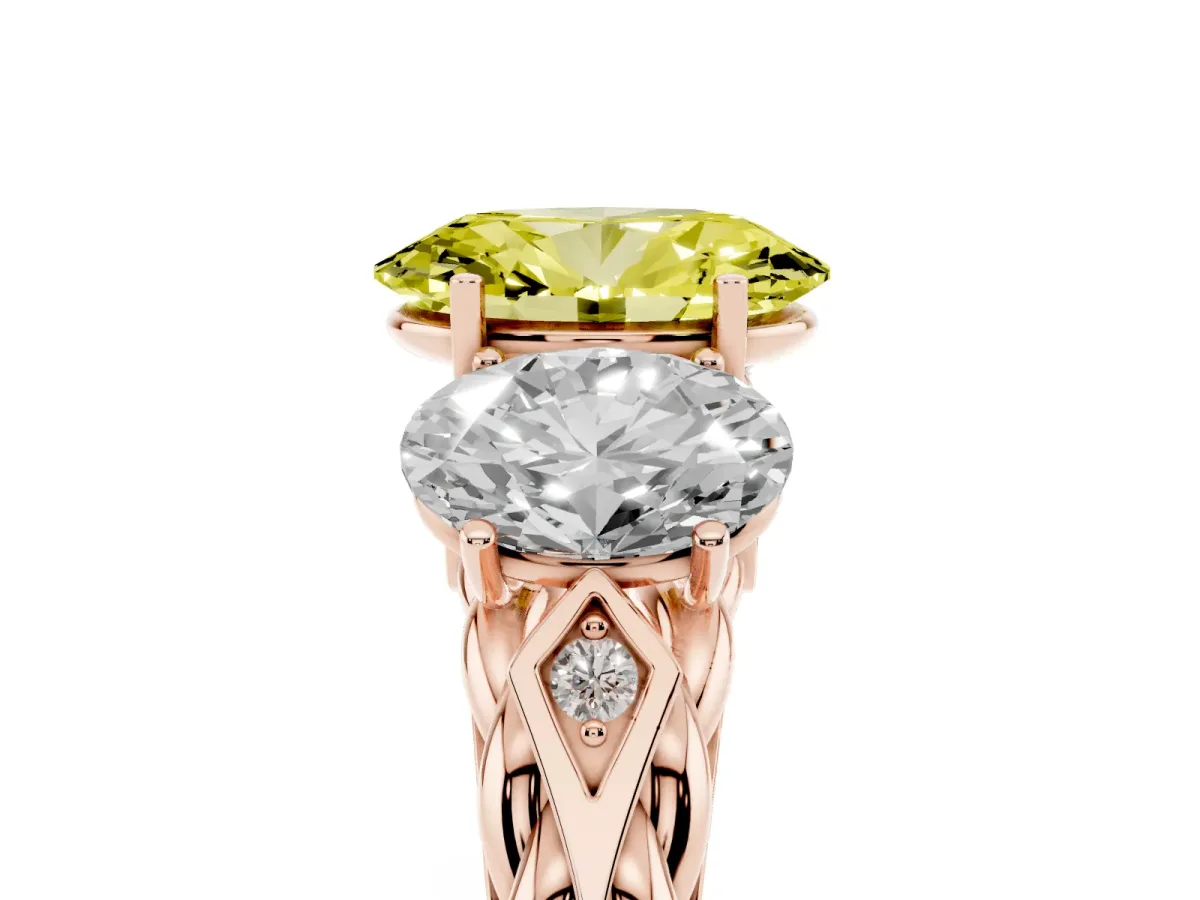 Fancy Yellow Three-Stone Oval Cut Diamond Braided Band Ring with Four-Prong Setting Rose gold