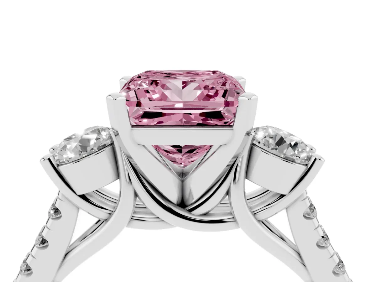 Fancy Pink Three-Stone Princess Cut Diamond Pavé Band with Four-Prong Setting Silver