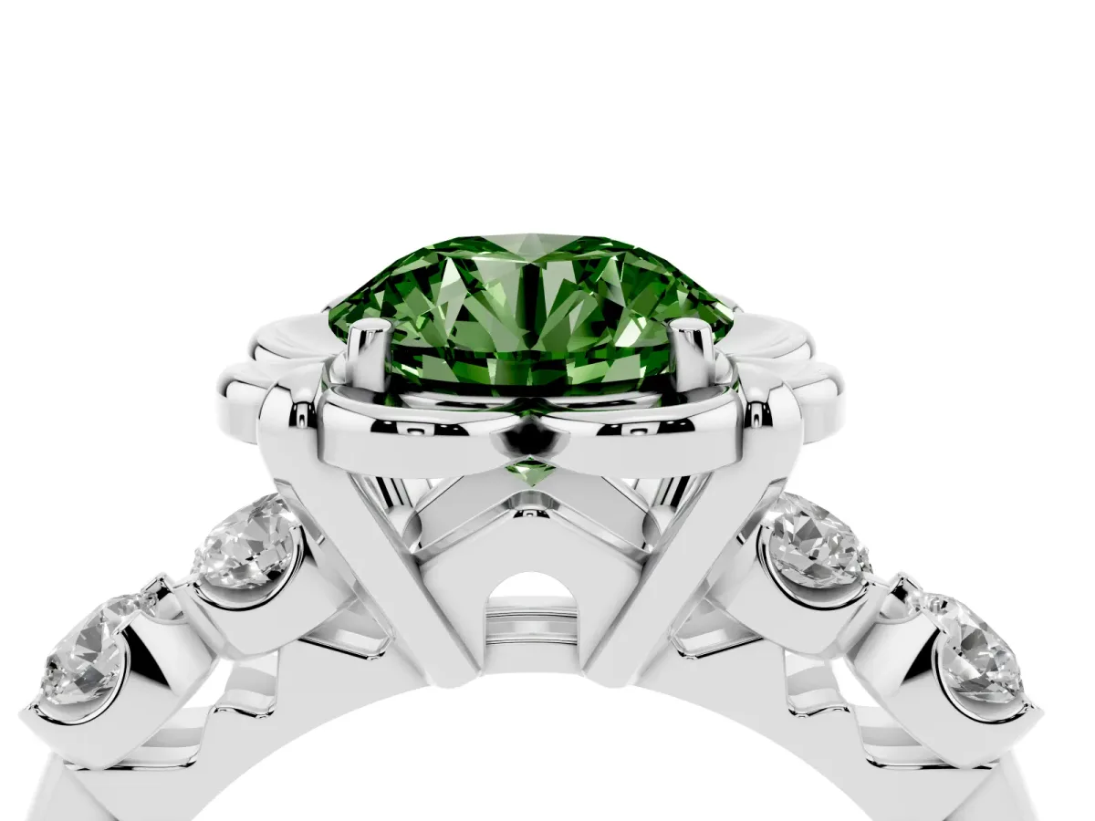 Fancy Green Round Cut Cut Diamond Floral Halo Engagement Ring with Shared Prong Setting Silver