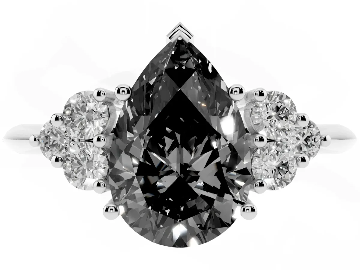 Fancy Black Pear Cut Cut Diamond Cluster Ring with Solitaire Band and Four-Prong Setting Platinum