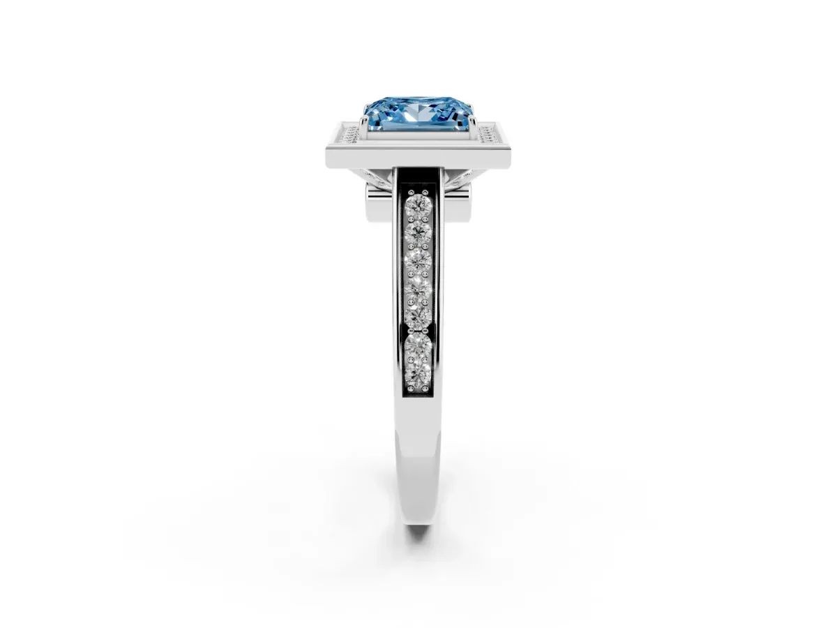 Fancy Blue Princess Cut Halo Solitaire Diamond Ring with Pave Band and Bezel Setting White gold