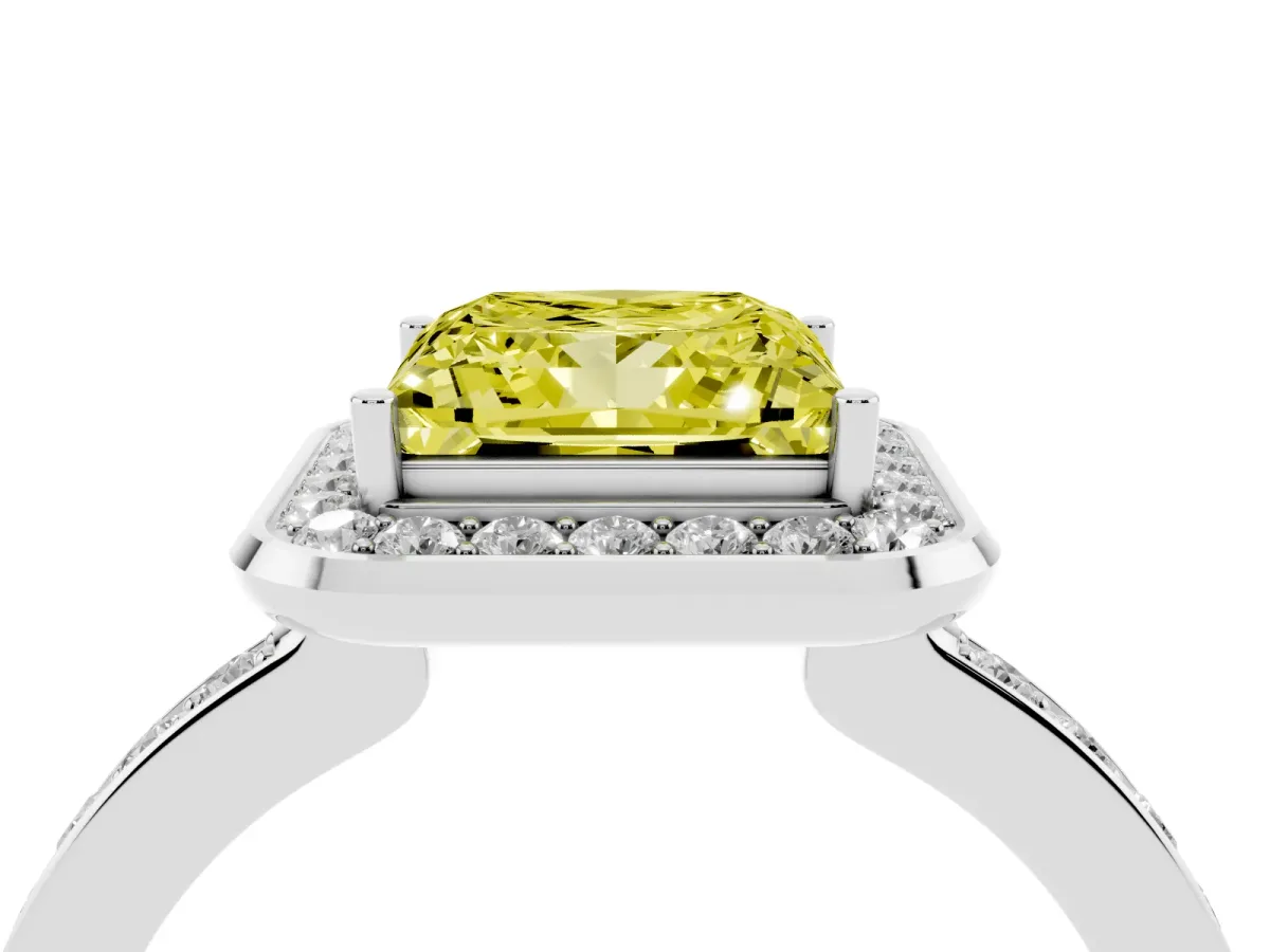 Fancy Yellow Princess Cut Diamond Halo Ring with Bezel Frame and Pavé Band Platinum