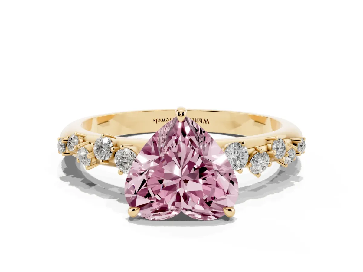 Fancy Pink Heart Cut Diamond Cluster Prong-Set Solitaire Ring Yellow gold