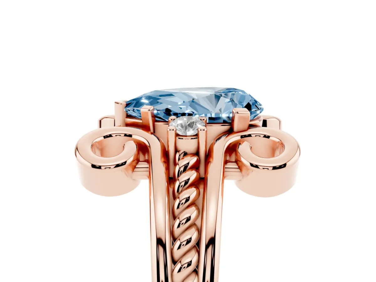 Fancy Blue Pear Cut Solitaire Twisted Band Scroll Prong Ring Rose gold