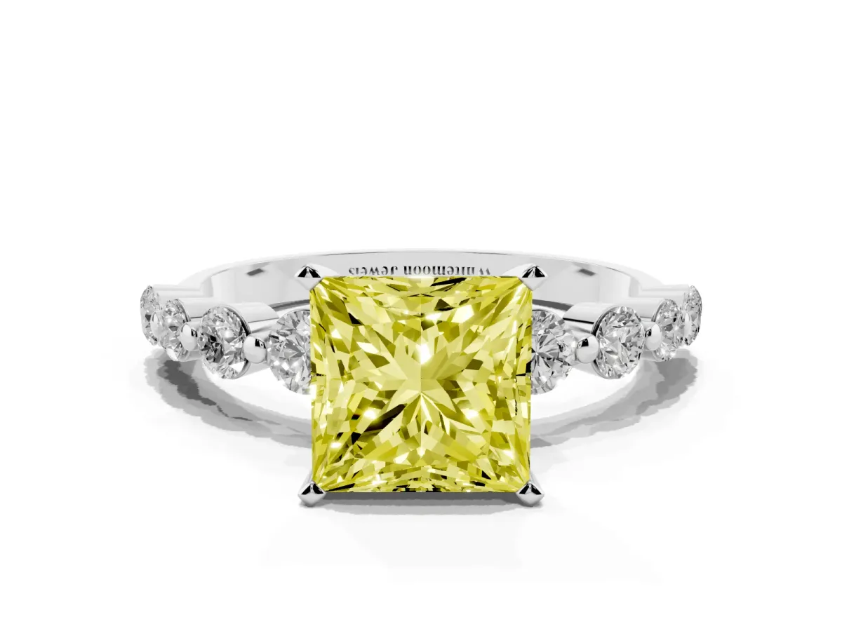 Fancy Yellow Princess Cut Solitaire Diamond Ring with Pave Band and Four-Prong Setting Silver