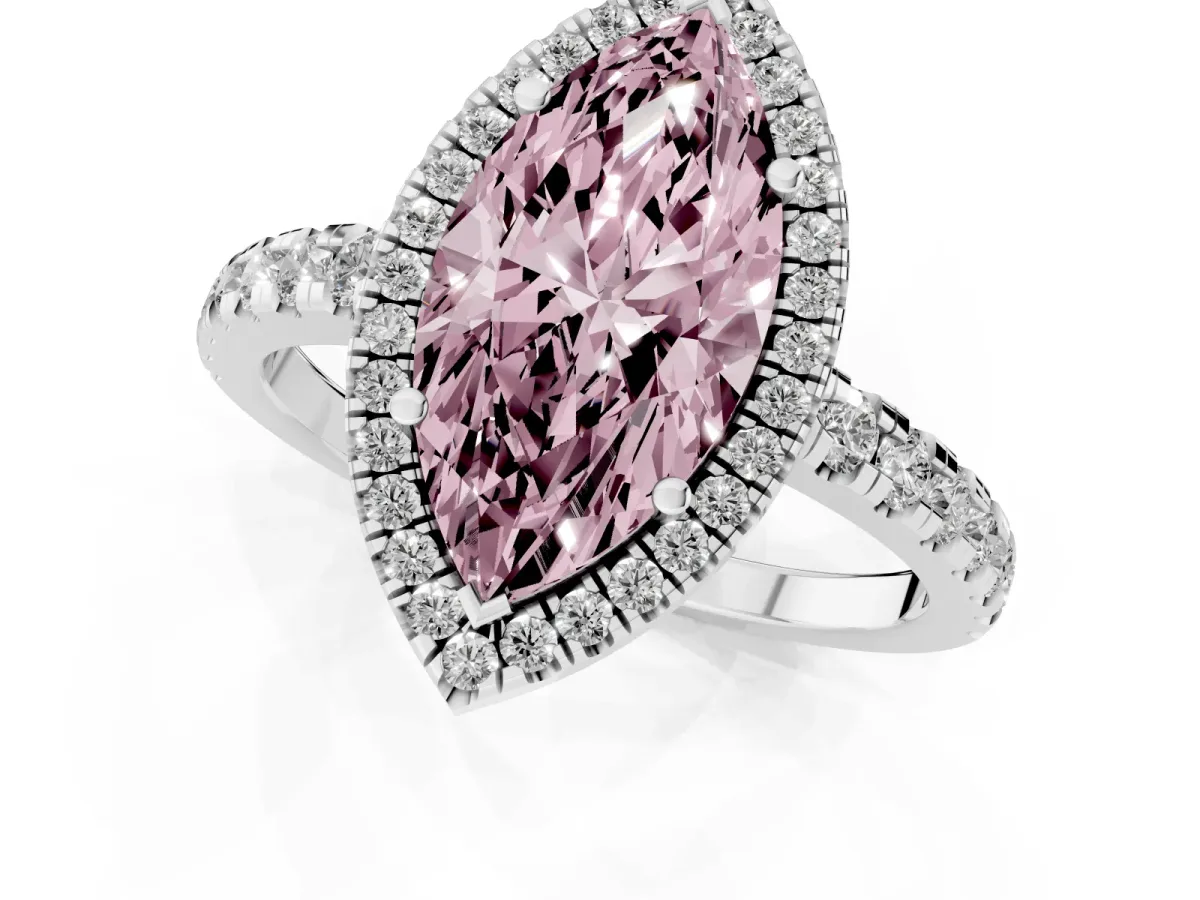 Fancy Pink Marquise Cut Diamond Halo Ring with Pavé Band and Four-Prong Setting White gold