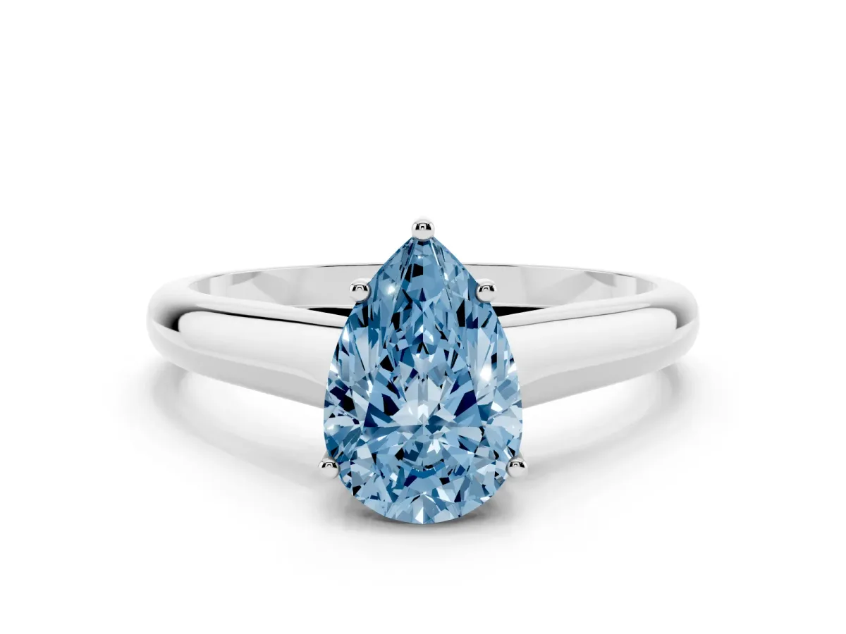Fancy Blue Pear Cut Solitaire Engagement Ring with Tapered Band and Four-Prong Setting Platinum