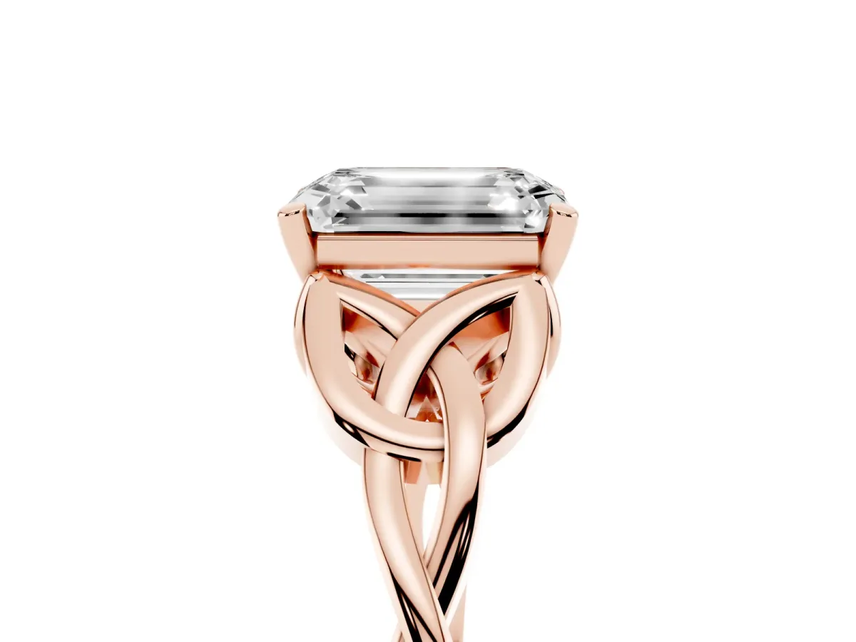 Emerald Cut Diamond Solitaire Engagement Ring with Celtic Knot Band and Four-Prong Setting Rose gold