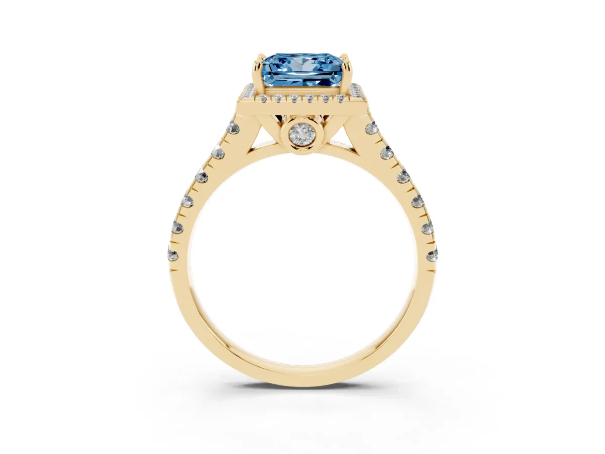 Fancy Blue Princess Cut Halo Pavé Diamond Engagement Ring with Four-Prong Setting Yellow gold