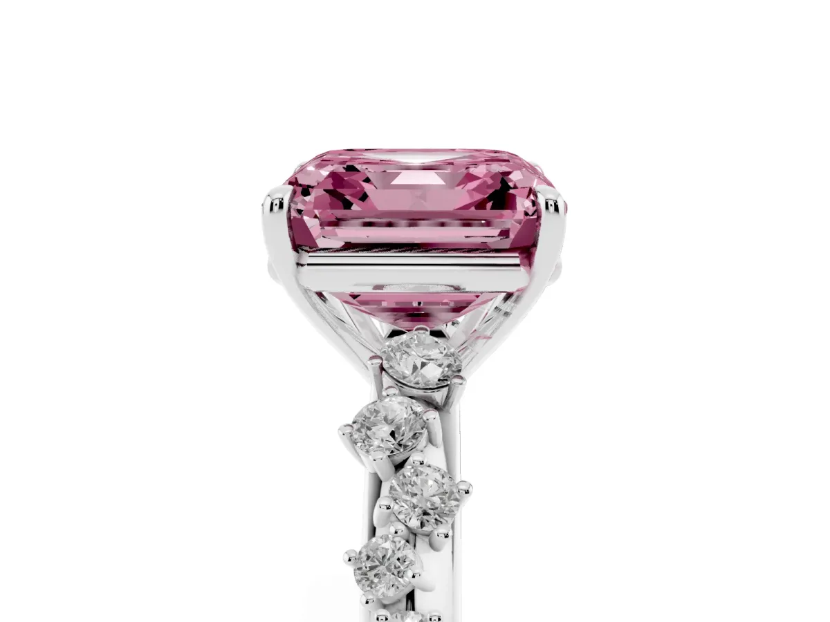 Fancy Pink Asscher Cut Diamond Cluster Side Stone Solitaire Ring with Prong Setting Silver