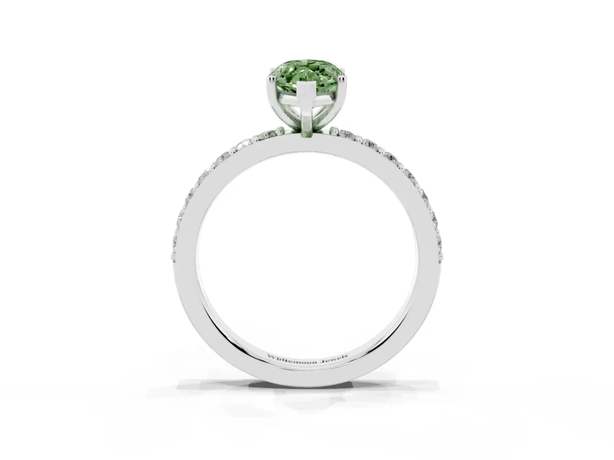 Fancy Green Marquise Cut Cut Diamond Solitaire with Pave Band and Four-Prong Setting Silver